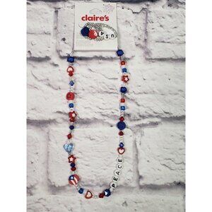 NEW Claire's Girls Jewelry Patriotic 4th July Beaded Necklace And 3 Ring Set